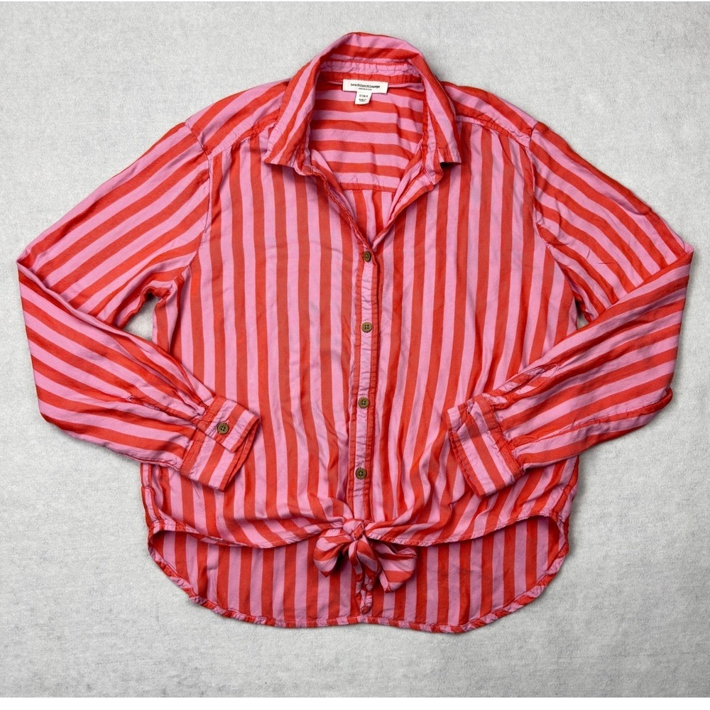 Beachlunchlounge Pink Orange Striped Tie Front Button Down Shirt‎ LTT5898 Small